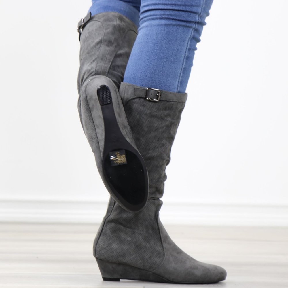 Grey Faux Suede Round Toe Low Kitten Wedge Heel Mid Calf Boots - Picture 6 of 12